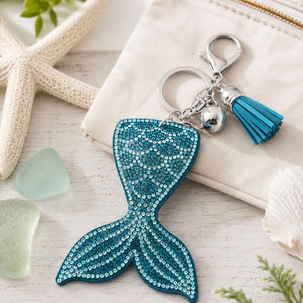 Mermaid Tail Rhinestone Tassel Keychain Purse Charm Aqua Crystal Bag Accessory - Picture 3 of 3